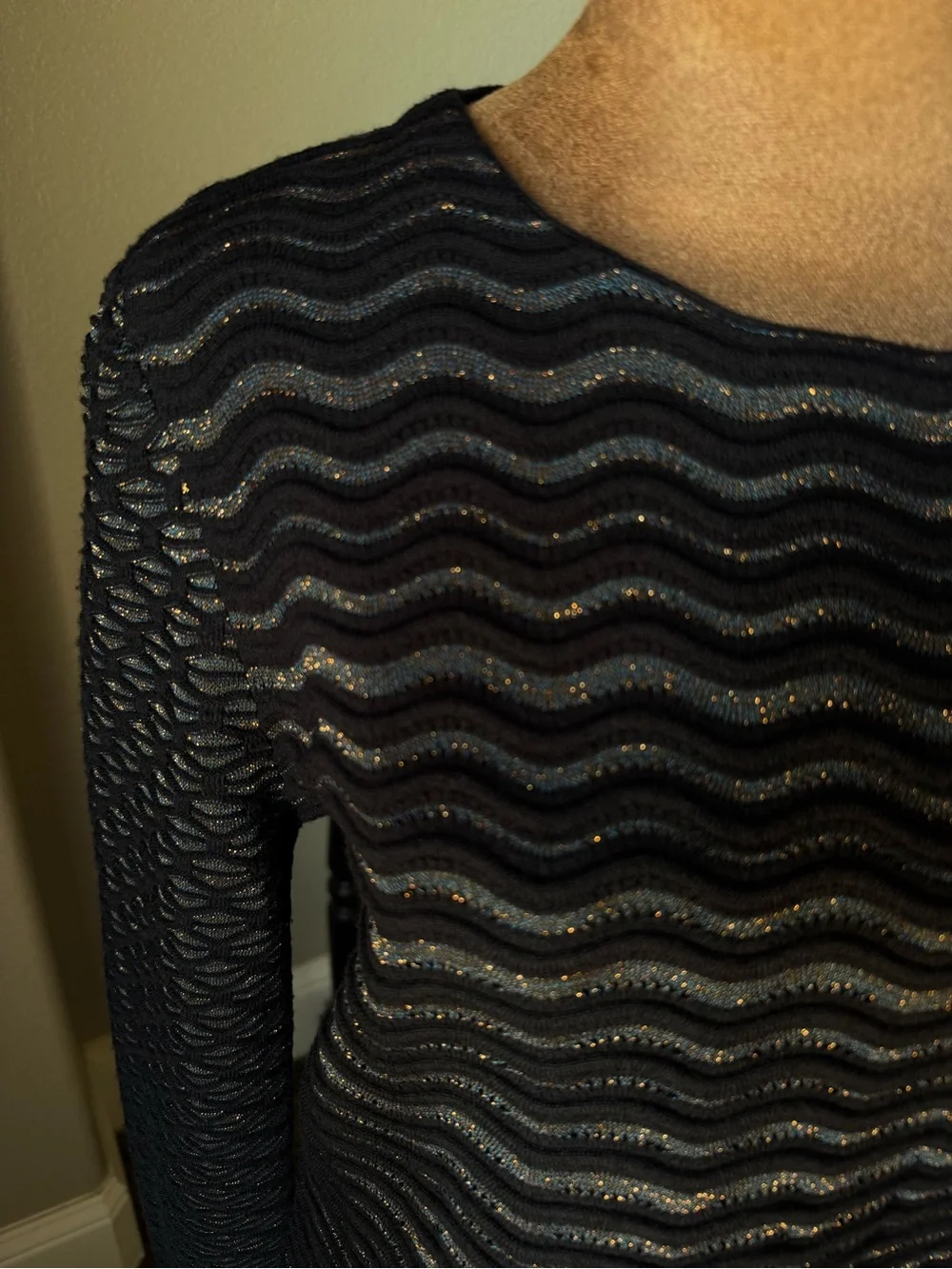 Tory Burch Lurex Blue Metallic Wave Scallop Knit Sweater Large Merino Wool L